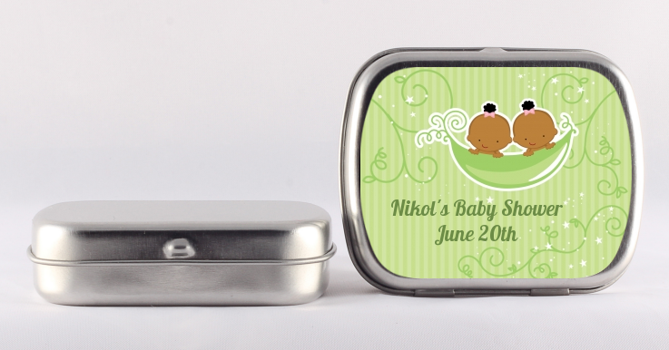  Twins Two Peas in a Pod African American - Personalized Baby Shower Mint Tins 1 Boy 1 Girl